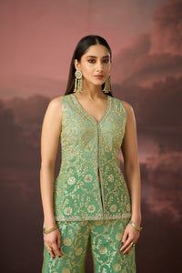 GREEN BANARASI MIRROR EMBROIDERED TISSUE SILK SHARARA SET | Nishly Fashion House