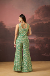 GREEN BANARASI MIRROR EMBROIDERED TISSUE SILK SHARARA SET | Nishly Fashion House