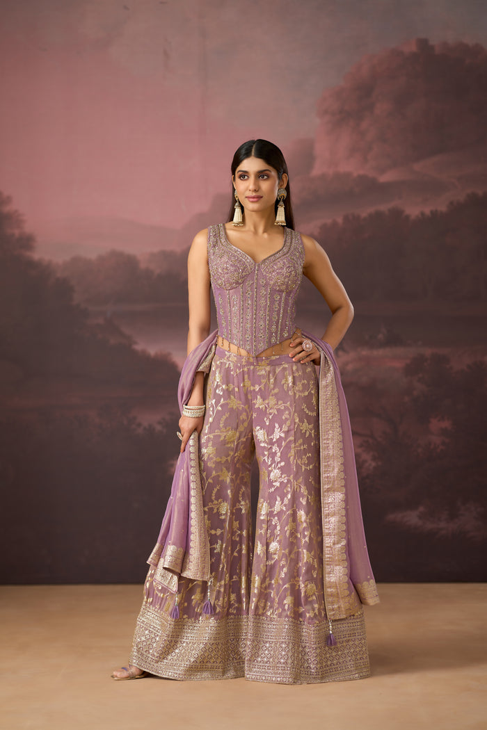 LILAC MIRROR EMBROIDERED BANARASI CORSET SHARARA SET | Nishly Fashion House
