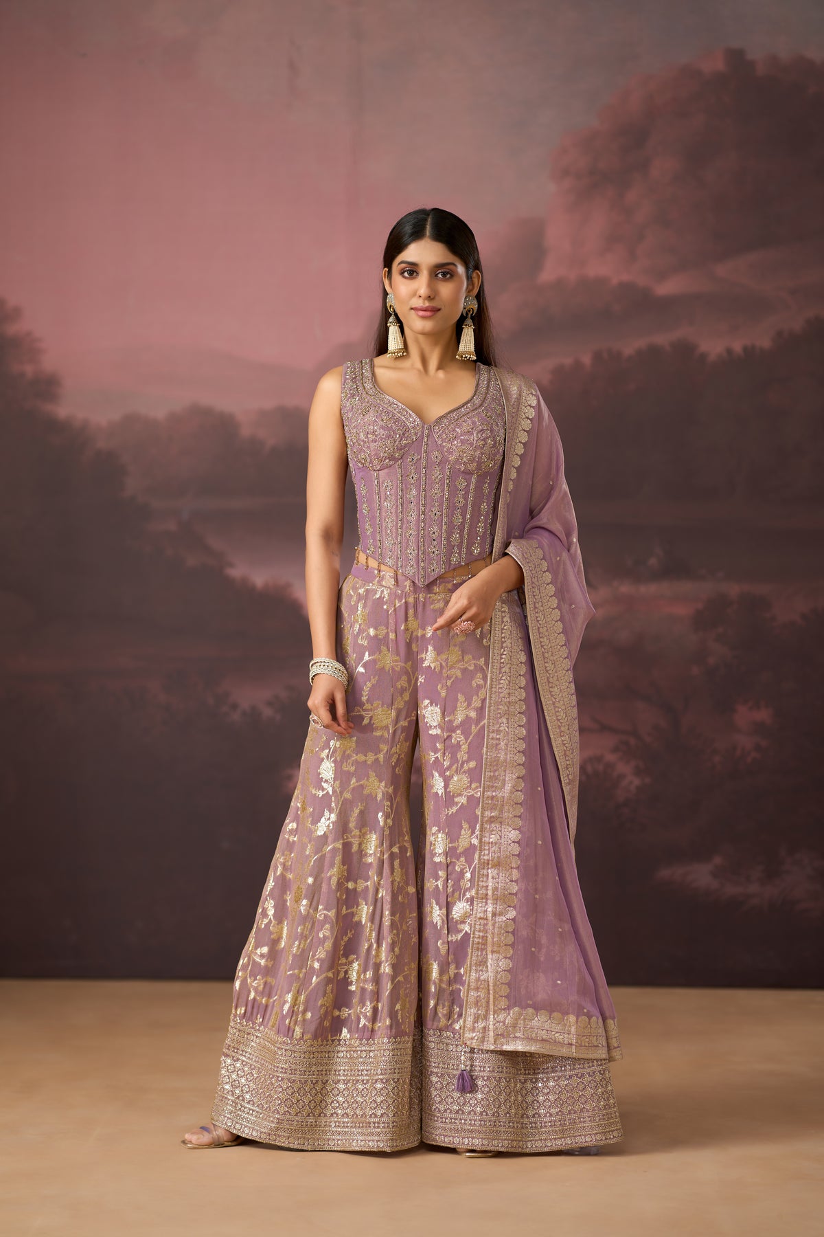 LILAC MIRROR EMBROIDERED BANARASI CORSET SHARARA SET | Nishly Fashion House