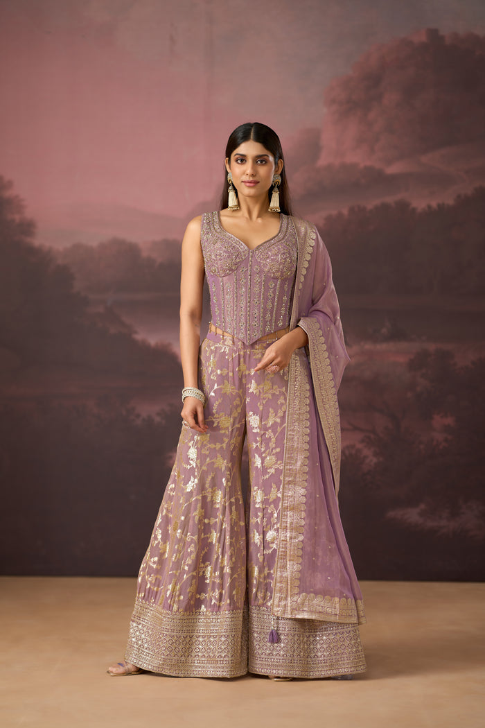 LILAC MIRROR EMBROIDERED BANARASI CORSET SHARARA SET | Nishly Fashion House