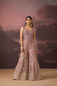 LILAC MIRROR EMBROIDERED BANARASI CORSET SHARARA SET | Nishly Fashion House