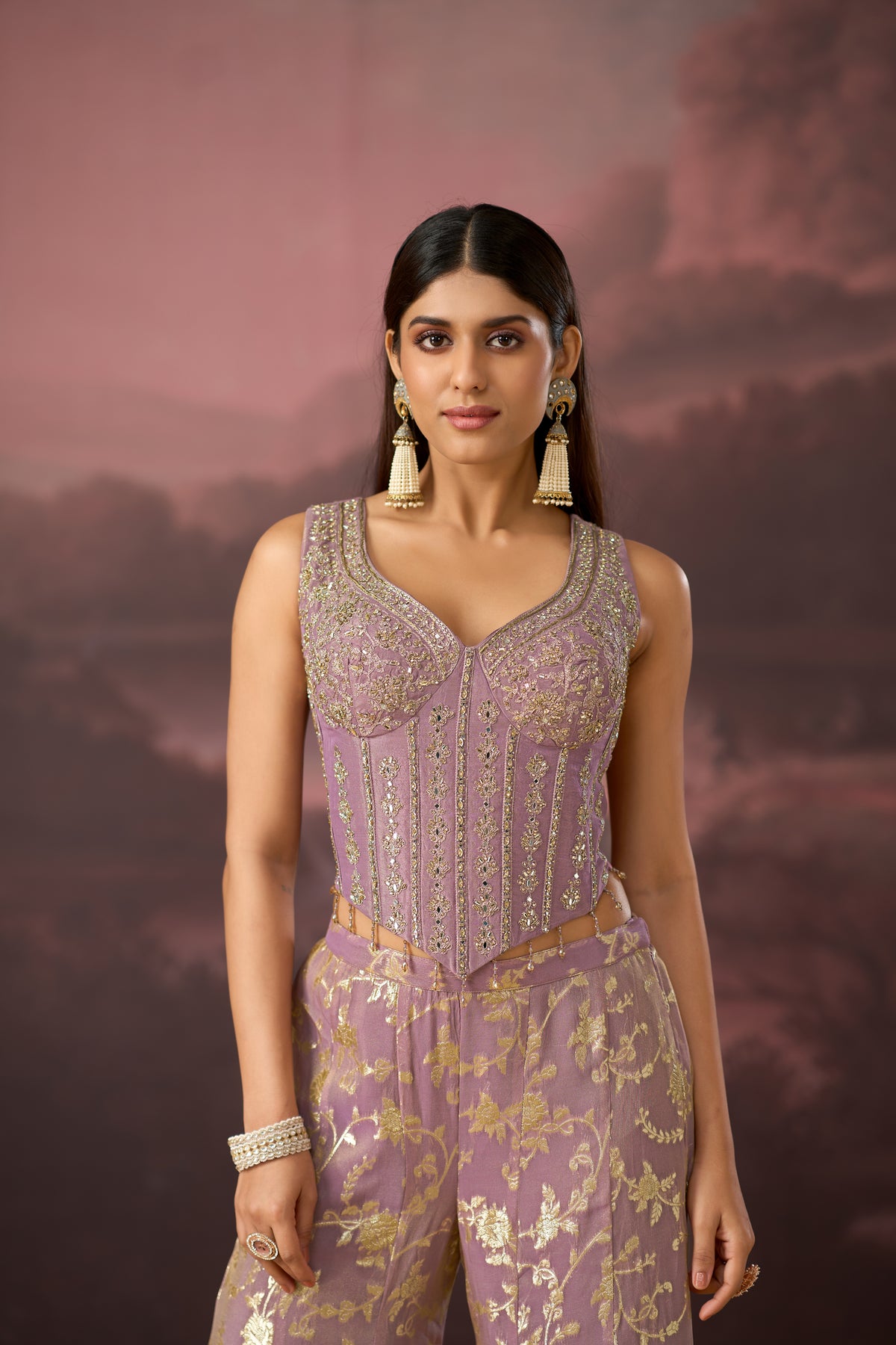 LILAC MIRROR EMBROIDERED BANARASI CORSET SHARARA SET | Nishly Fashion House