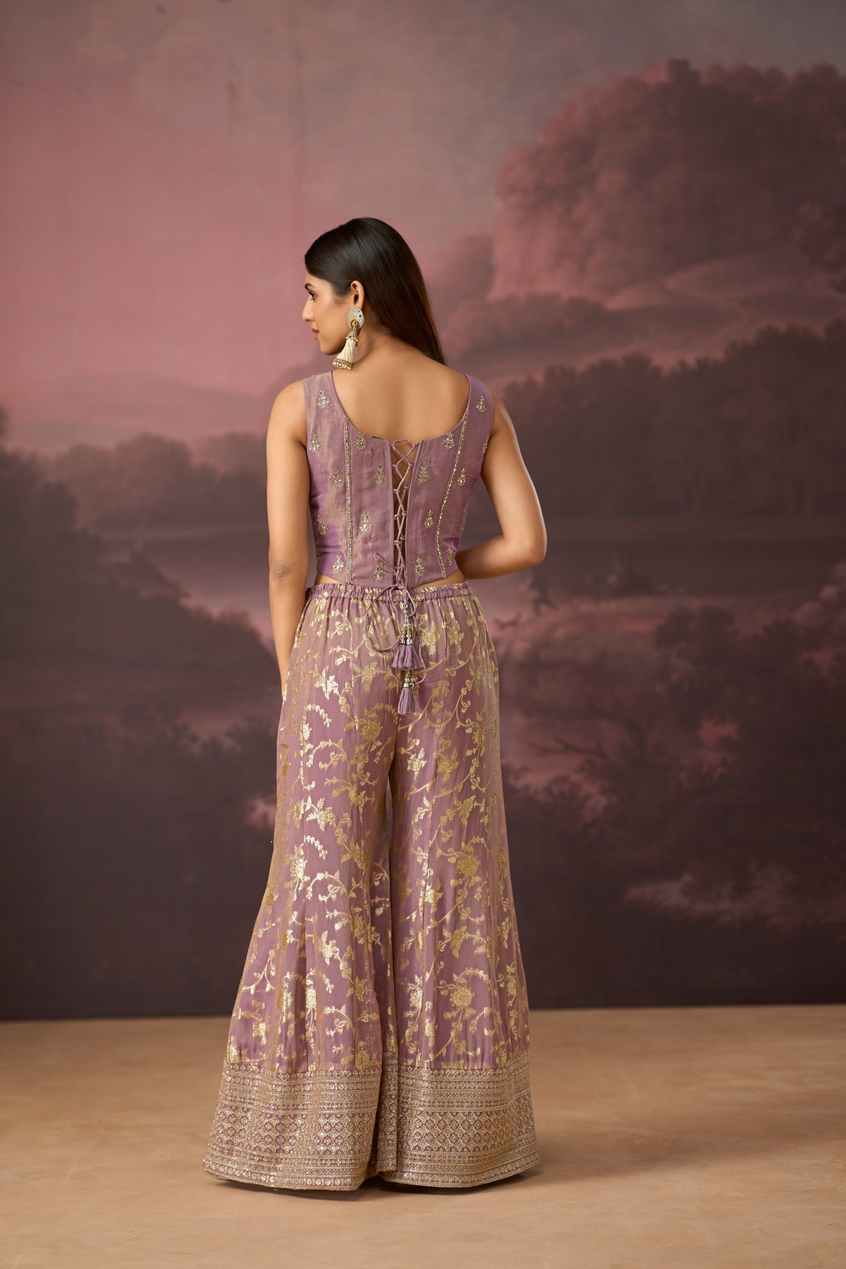 LILAC MIRROR EMBROIDERED BANARASI CORSET SHARARA SET | Nishly Fashion House