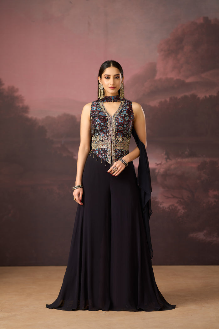 BLACK SEQUINS EMBROIDERED PRINTED SHARARA SET | Nishly Fashion House