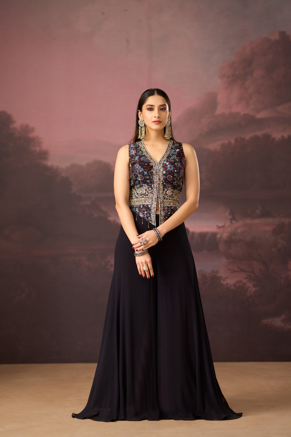 BLACK SEQUINS EMBROIDERED PRINTED SHARARA SET | Nishly Fashion House