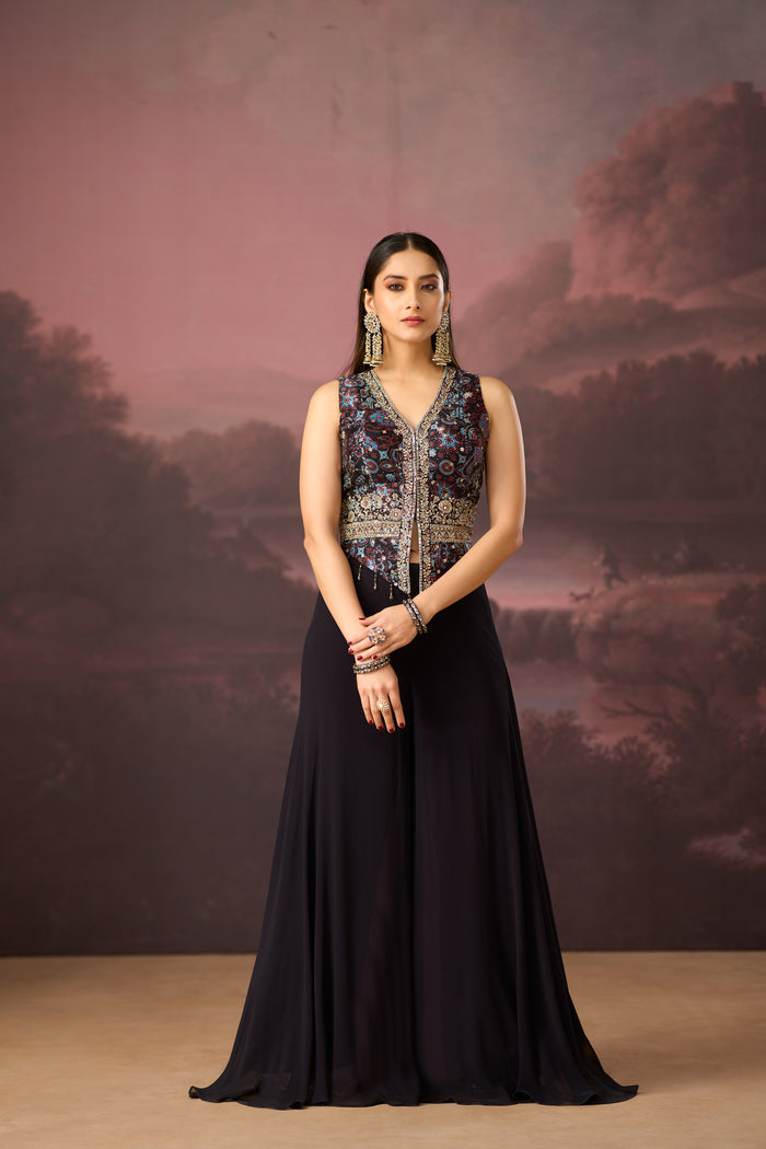 BLACK SEQUINS EMBROIDERED PRINTED SHARARA SET | Nishly Fashion House