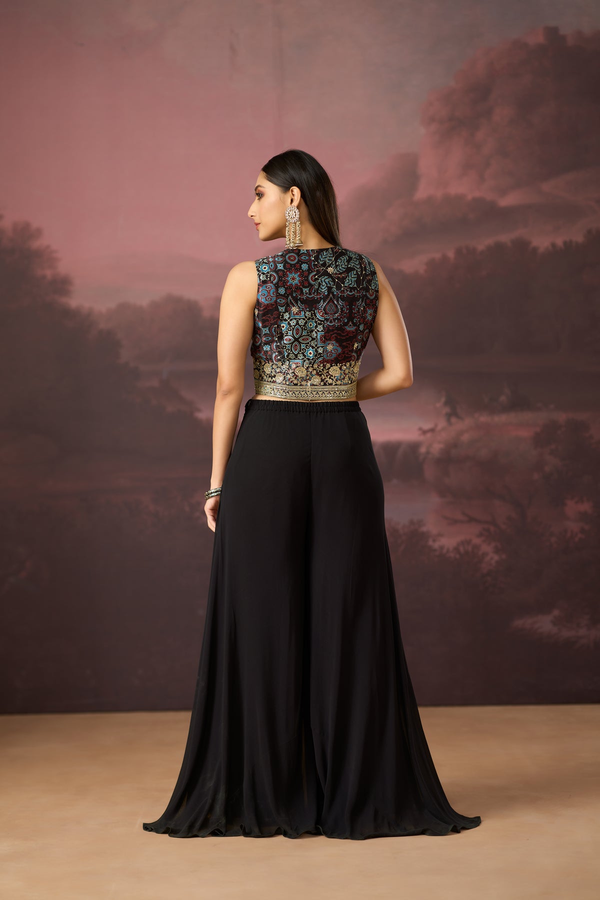 BLACK SEQUINS EMBROIDERED PRINTED SHARARA SET | Nishly Fashion House