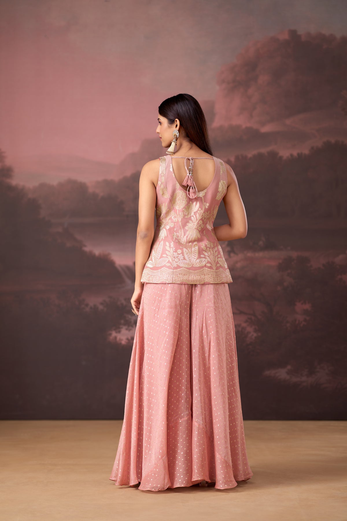 PINK BANARASI EMBROIDERED TISSUE SILK SHARARA SET | Nishly Fashion House