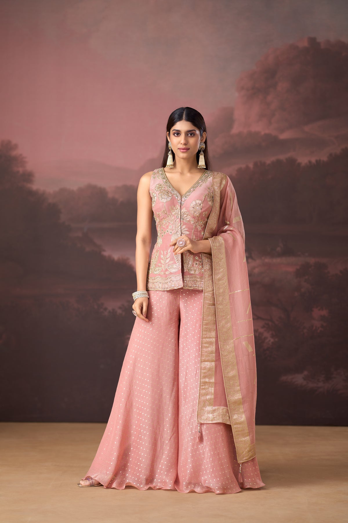 PINK BANARASI EMBROIDERED TISSUE SILK SHARARA SET | Nishly Fashion House