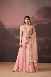 PINK BANARASI EMBROIDERED TISSUE SILK SHARARA SET | Nishly Fashion House