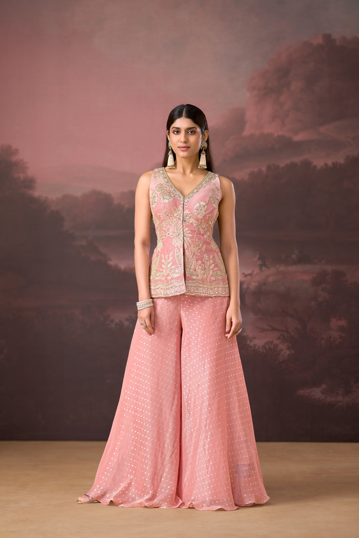 PINK BANARASI EMBROIDERED TISSUE SILK SHARARA SET | Nishly Fashion House