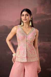 PINK BANARASI EMBROIDERED TISSUE SILK SHARARA SET | Nishly Fashion House
