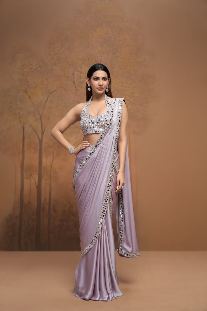 Pink halter neck mirror embroidered ready-to-wear saree for wedding and reception wear