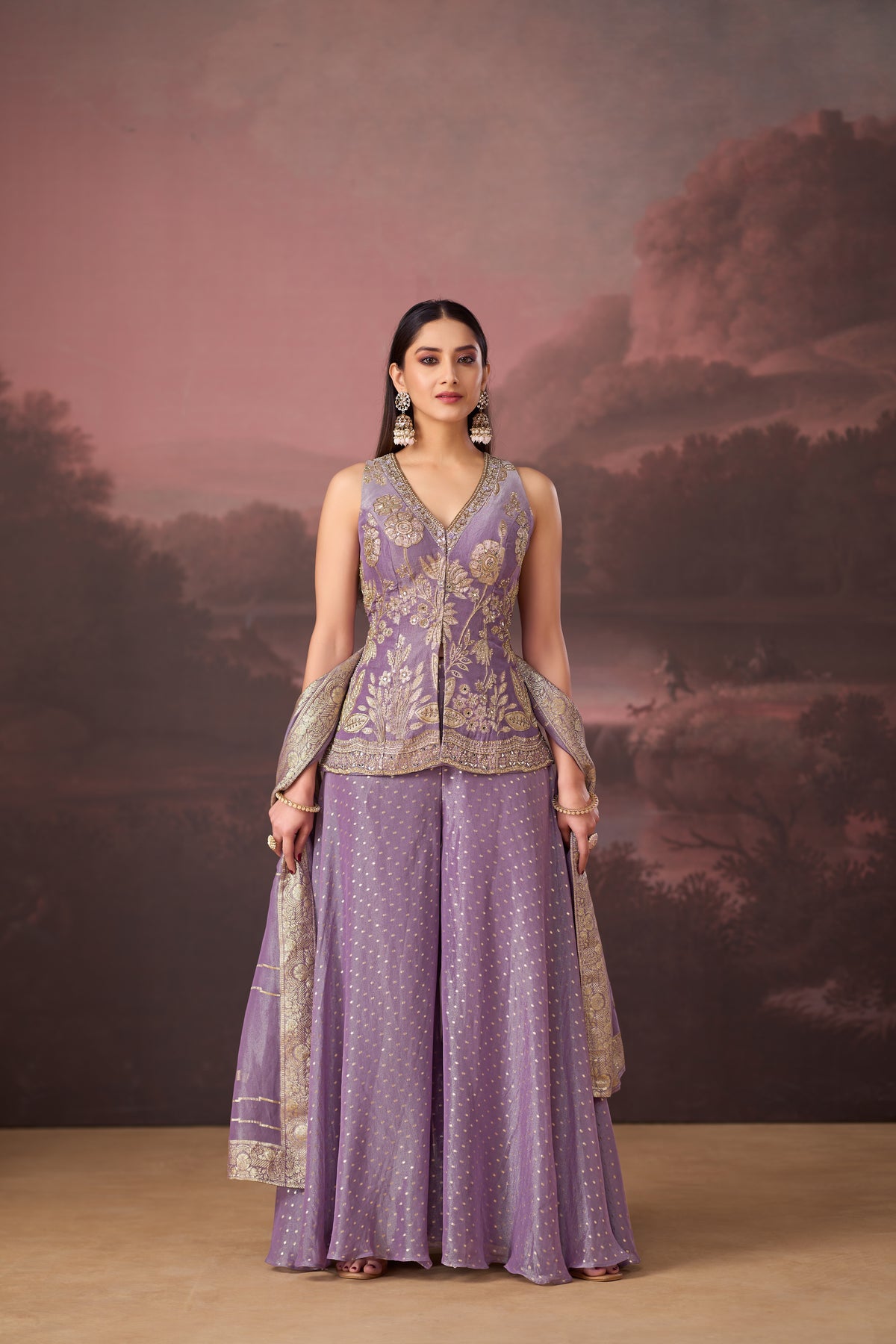 LILAC BANARASI EMBROIDERED TISSUE SILK SHARARA SET | Nishly Fashion House