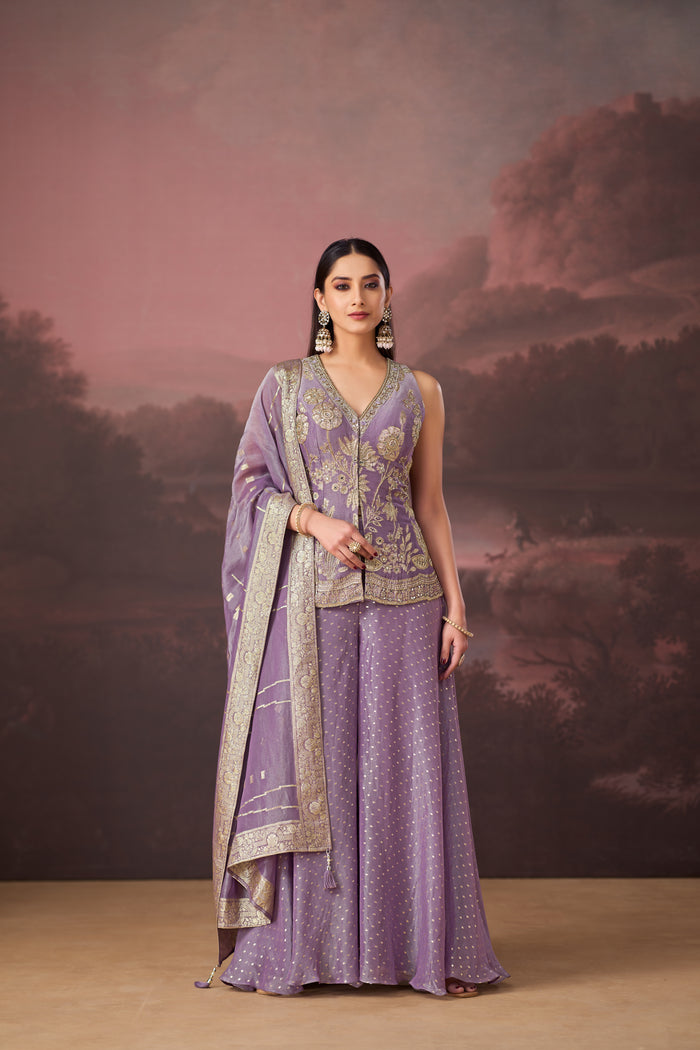 LILAC BANARASI EMBROIDERED TISSUE SILK SHARARA SET | Nishly Fashion House