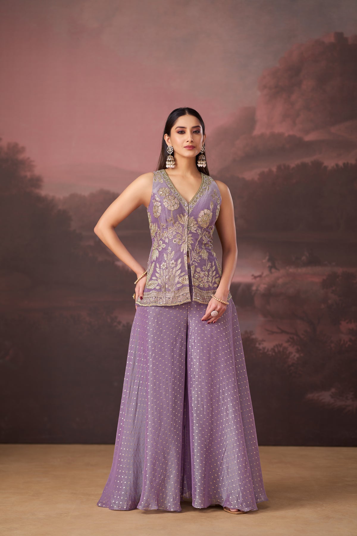 LILAC BANARASI EMBROIDERED TISSUE SILK SHARARA SET | Nishly Fashion House
