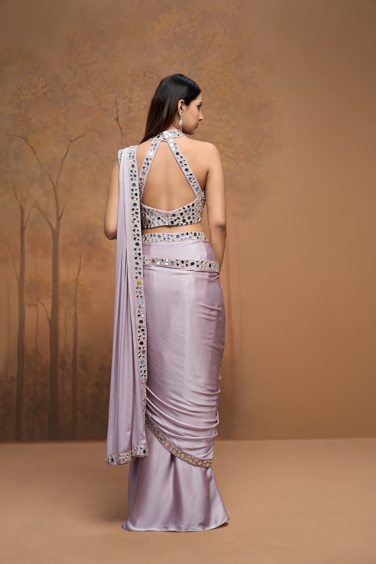 Elegant pink mirror work pre-draped saree set for sangeet, wedding and festive occasions