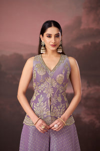 LILAC BANARASI EMBROIDERED TISSUE SILK SHARARA SET | Nishly Fashion House