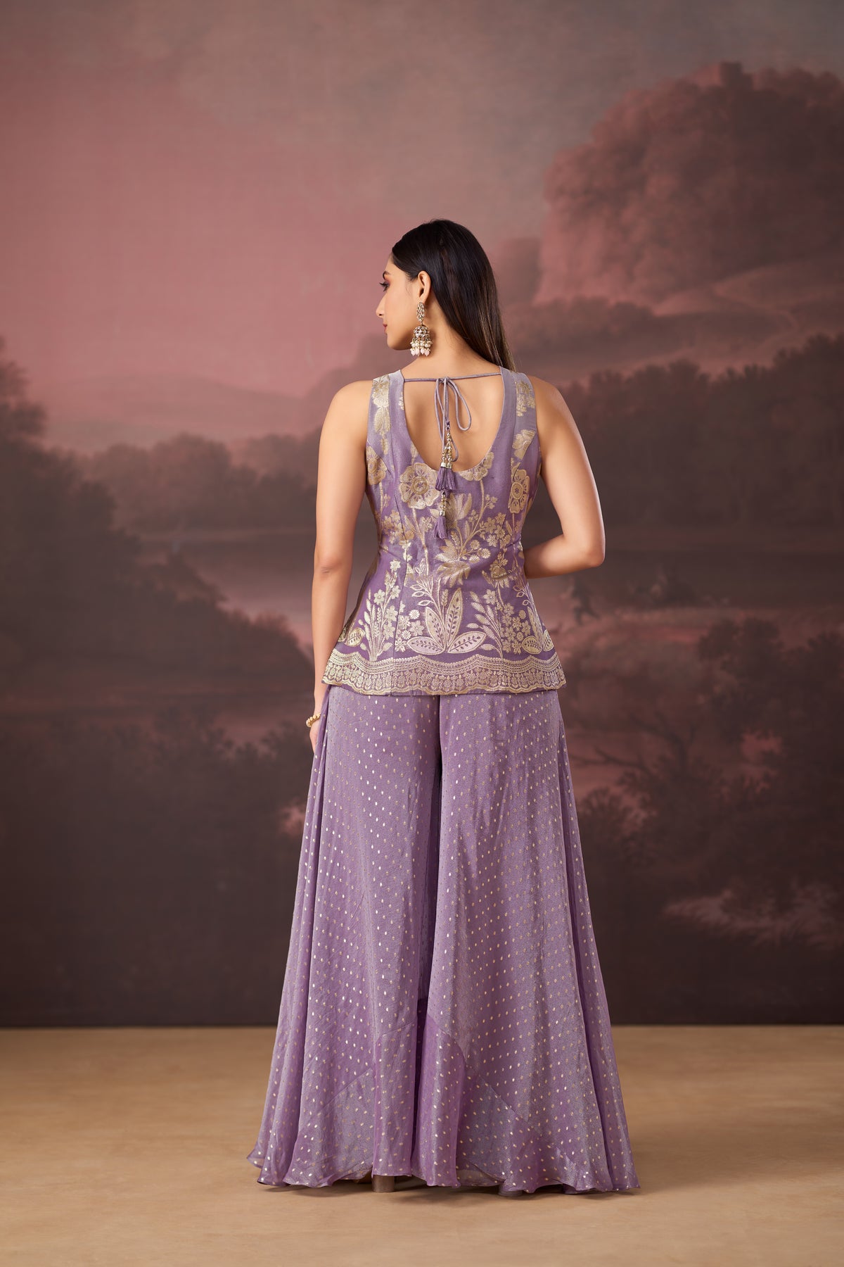 LILAC BANARASI EMBROIDERED TISSUE SILK SHARARA SET | Nishly Fashion House