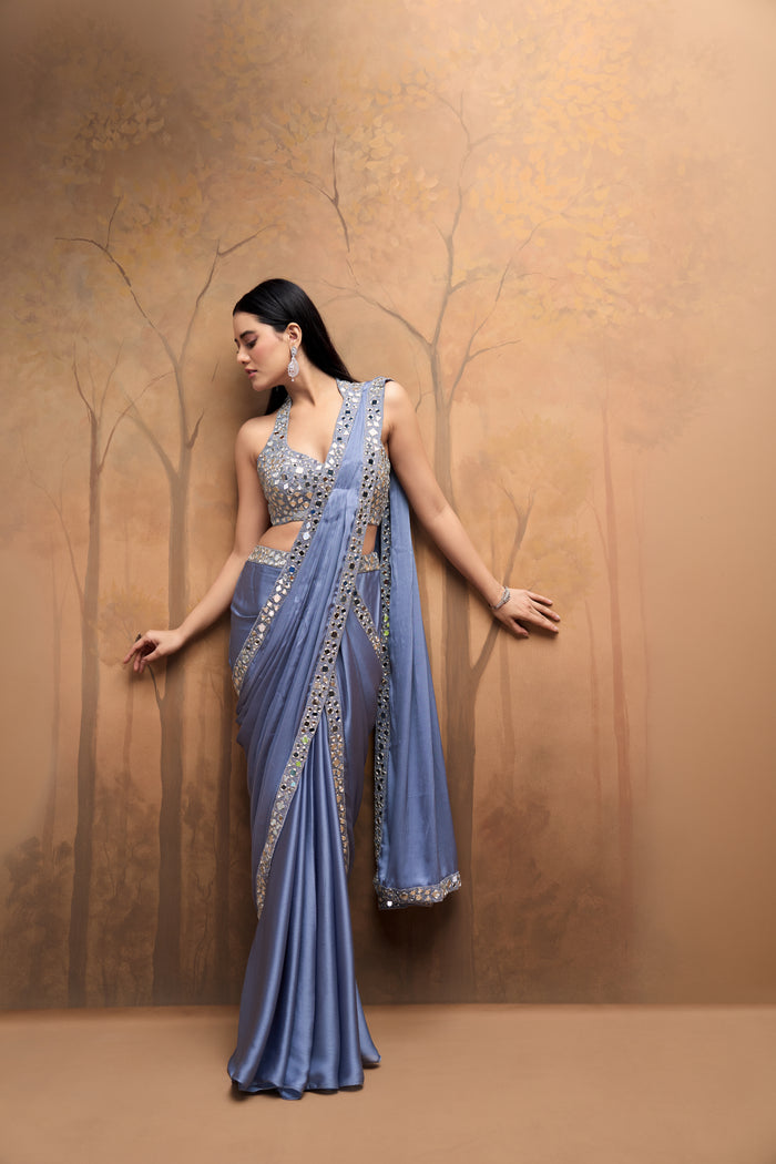 Blue ready-to-wear saree with mirror embroidery and halter neck blouse for cocktail and party wear
