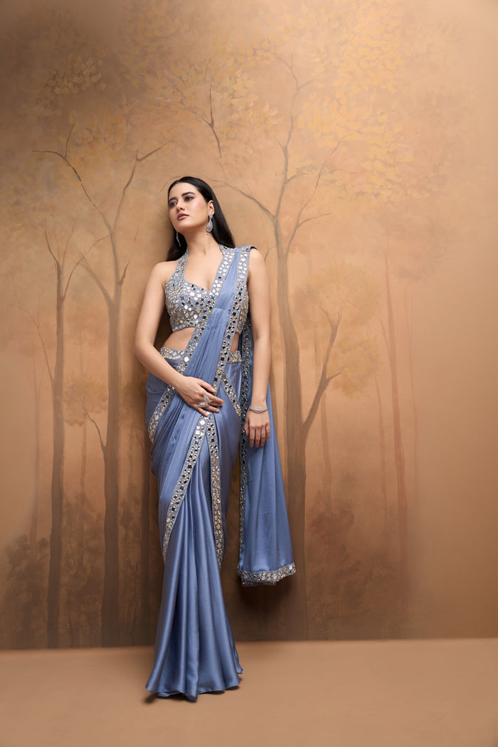 Blue halter neck mirror embroidered ready-to-wear saree for wedding and reception wear
