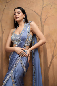 Elegant blue mirror work pre-draped saree set for sangeet, wedding and festive occasions