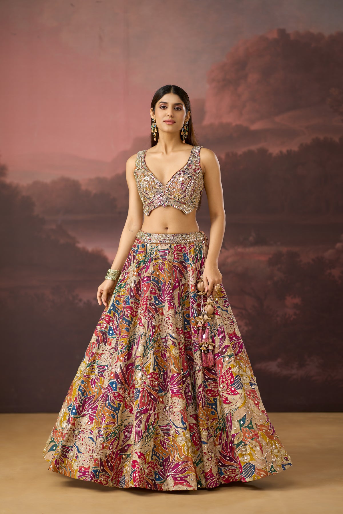 MULTICOLOUR MIRROR WORK PRINTED SILK LEHENGA SET | Nishly Fashion House