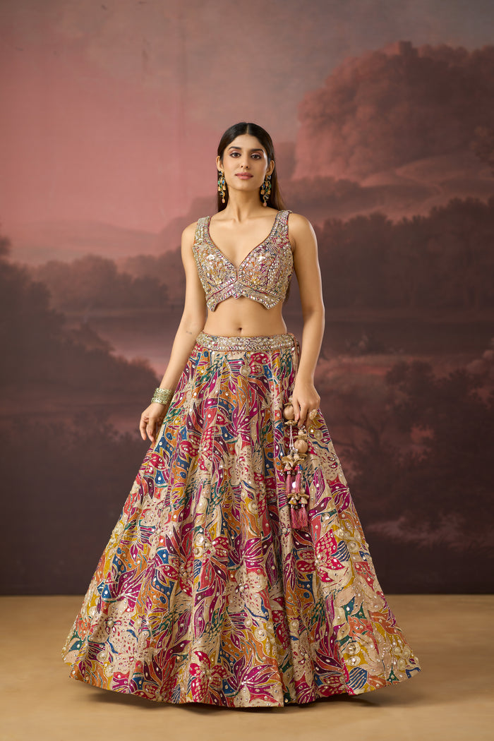 MULTICOLOUR MIRROR WORK PRINTED SILK LEHENGA SET | Nishly Fashion House