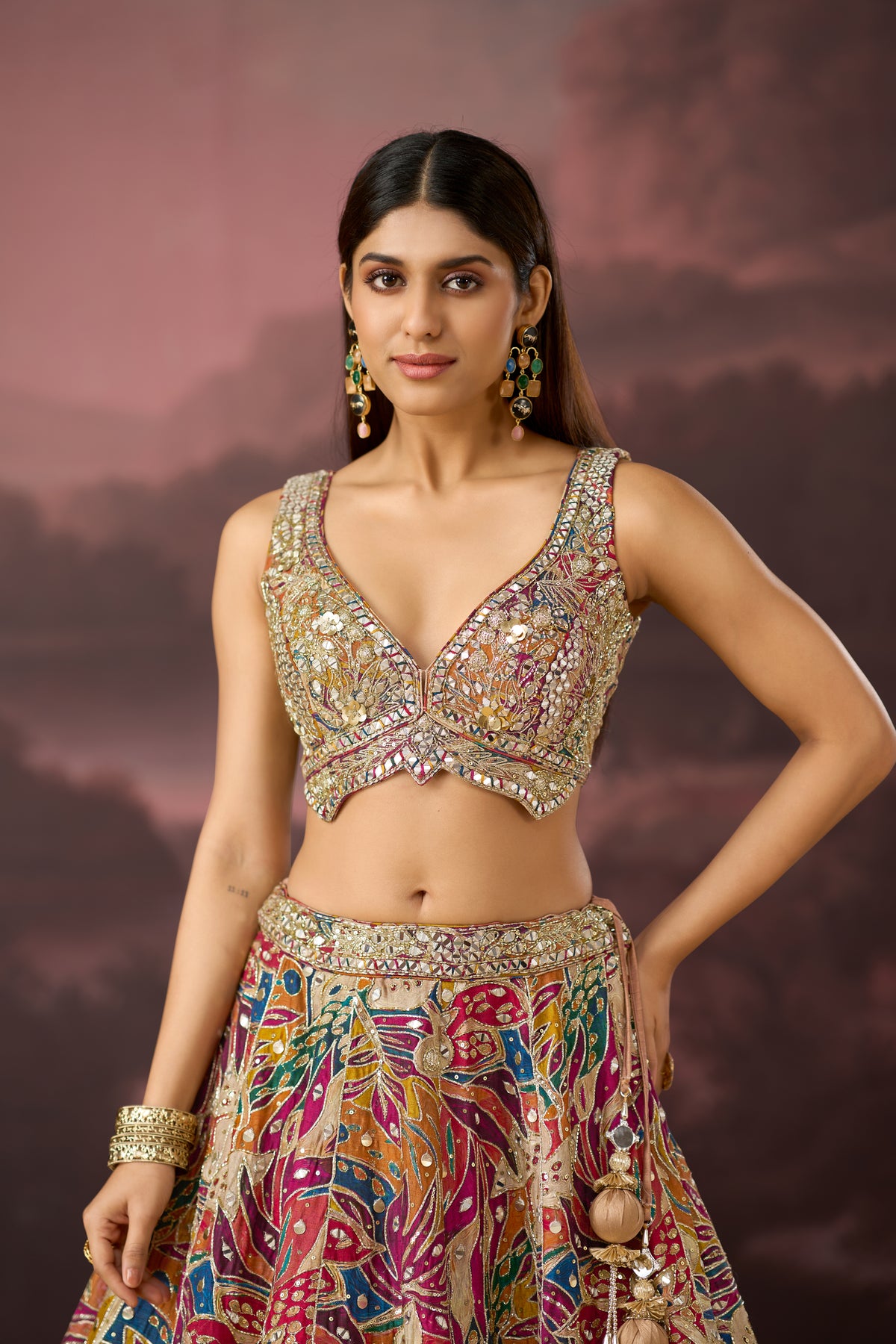 MULTICOLOUR MIRROR WORK PRINTED SILK LEHENGA SET | Nishly Fashion House