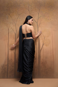 Black bead work pre-draped saree for cocktail parties and festive occasions