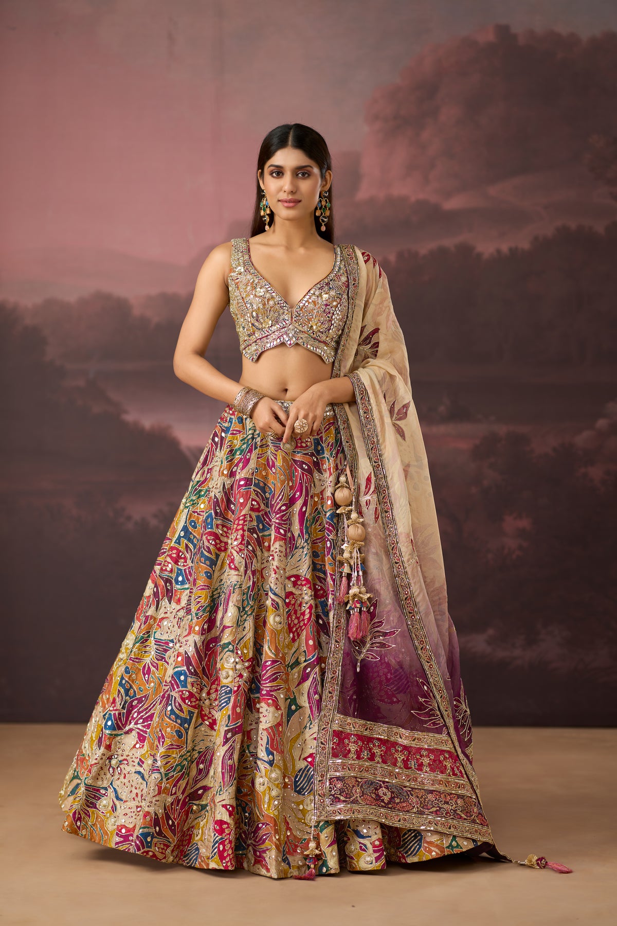 MULTICOLOUR MIRROR WORK PRINTED SILK LEHENGA SET | Nishly Fashion House