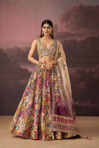 MULTICOLOUR MIRROR WORK PRINTED SILK LEHENGA SET | Nishly Fashion House