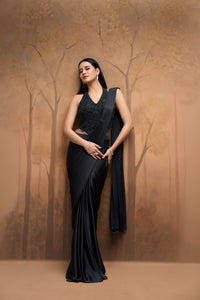 Elegant black halter neck ready-to-wear saree with bead detailing for modern Indian party wear