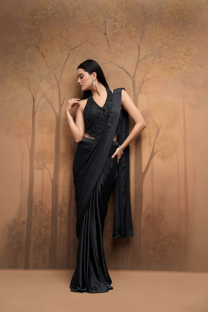 Black bead embellished halter neck ready-to-wear saree for cocktail and party wear