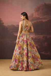 MULTICOLOUR MIRROR WORK PRINTED SILK LEHENGA SET | Nishly Fashion House