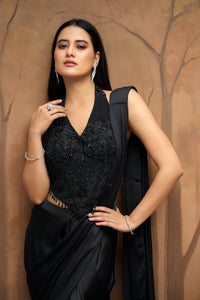 Designer black ready-to-wear saree with embellished halter neck blouse for sangeet