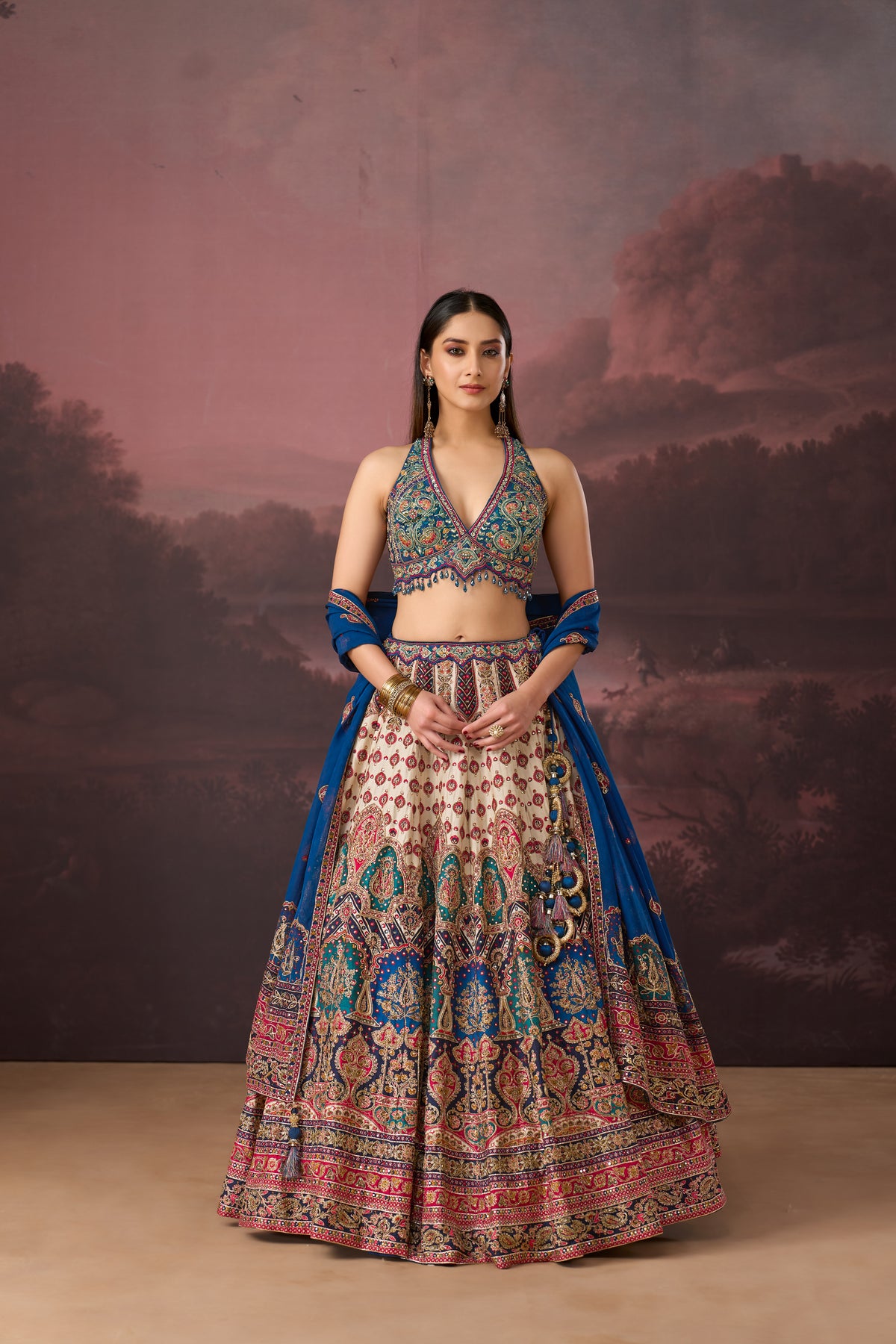 BLUE PRINTED SILK LEHENGA SET WITH SEQUINS EMBROIDERY | Nishly Fashion House