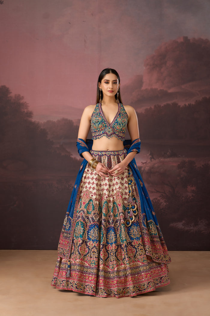 BLUE PRINTED SILK LEHENGA SET WITH SEQUINS EMBROIDERY | Nishly Fashion House