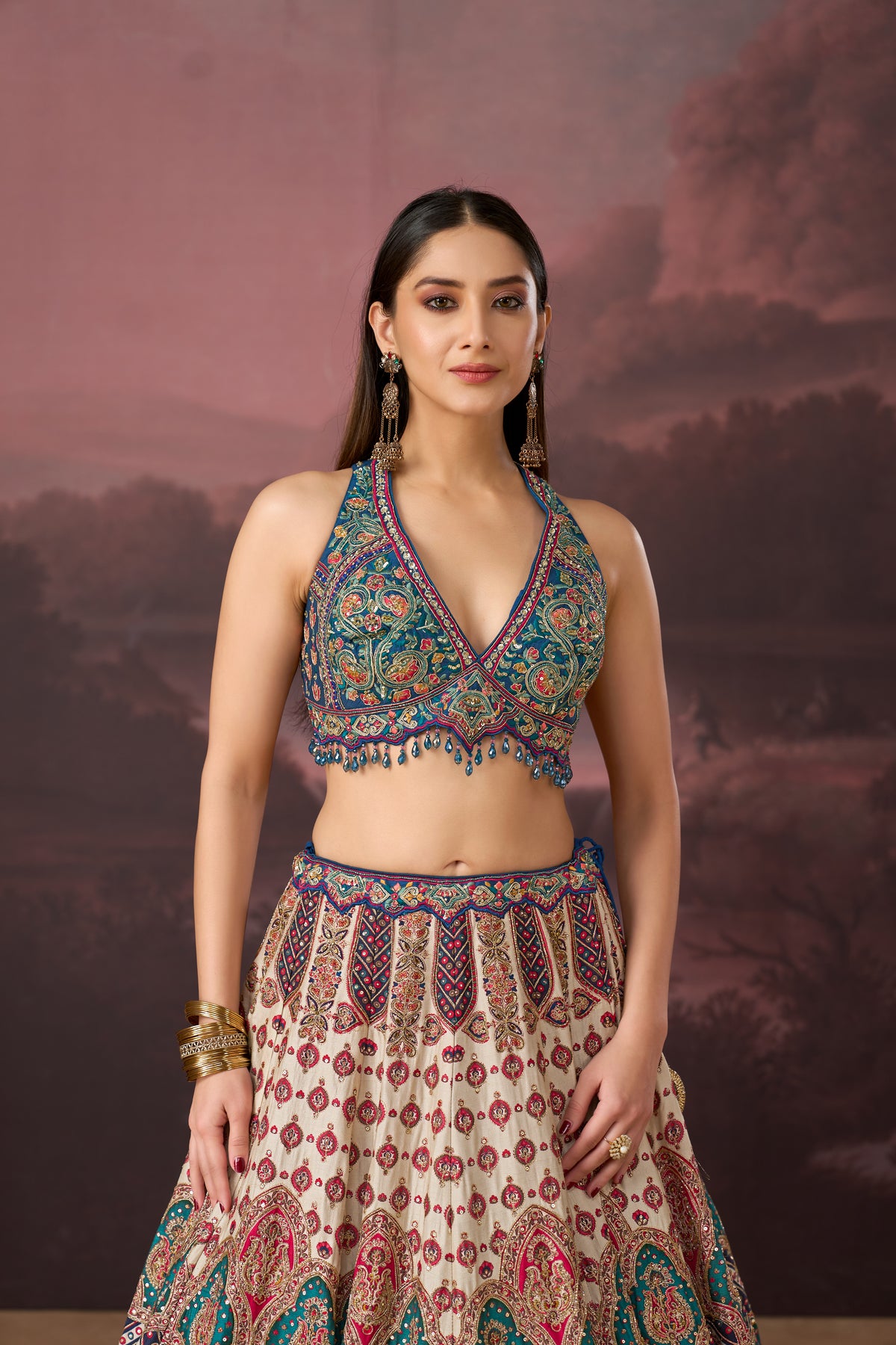 BLUE PRINTED SILK LEHENGA SET WITH SEQUINS EMBROIDERY | Nishly Fashion House