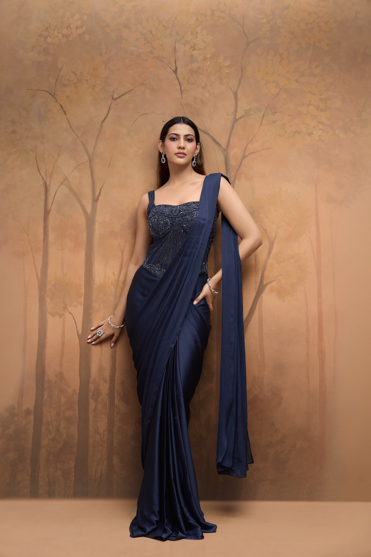 Navy blue corset embroidered ready-to-wear saree for wedding and reception wear
