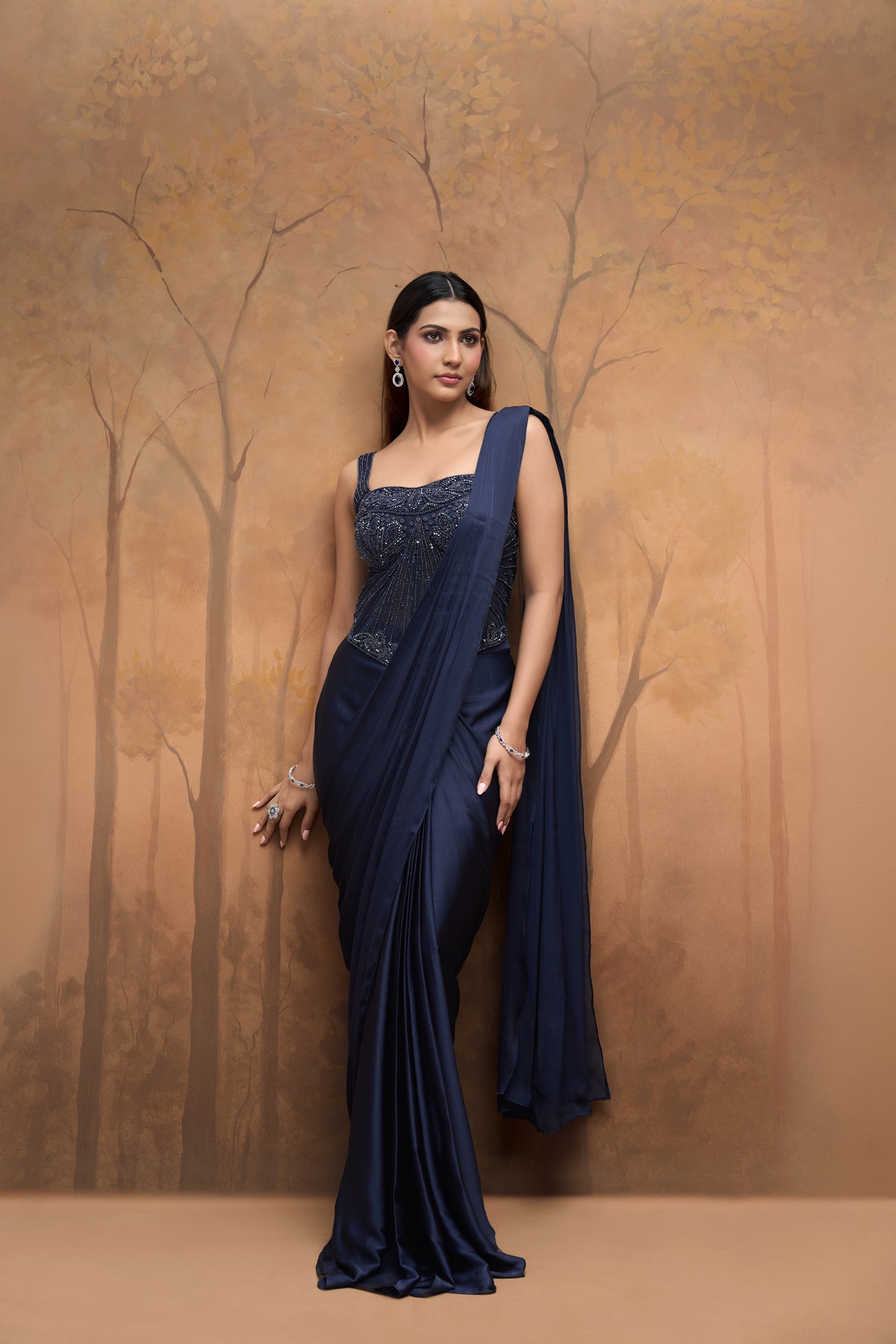 Navy blue embroidered corset saree for cocktail parties and sangeet celebrations