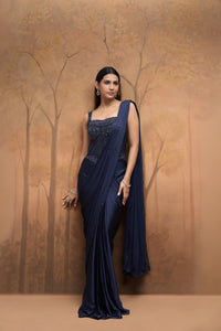 Navy blue embroidered corset saree for cocktail parties and sangeet celebrations