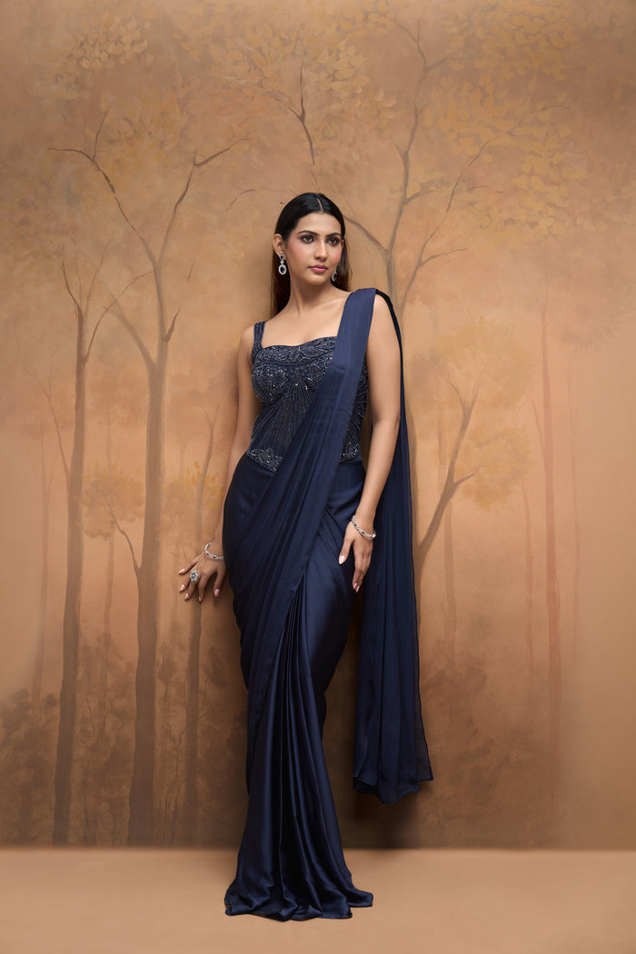 Navy blue embroidered corset saree for cocktail parties and sangeet celebrations