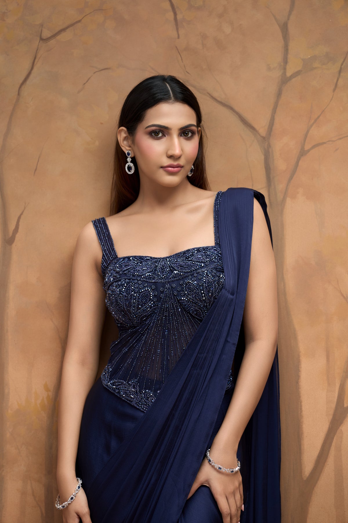 Designer navy blue ready-to-wear saree with corset blouse for modern Indian wedding wear