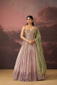 LILAC MIRROR EMBROIDERED TISSUE SILK CORSET LEHENGA SET | Nishly Fashion House