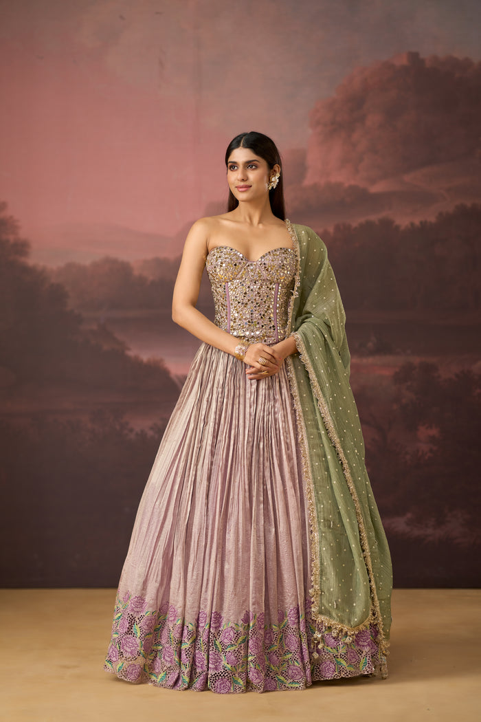 LILAC MIRROR EMBROIDERED TISSUE SILK CORSET LEHENGA SET | Nishly Fashion House