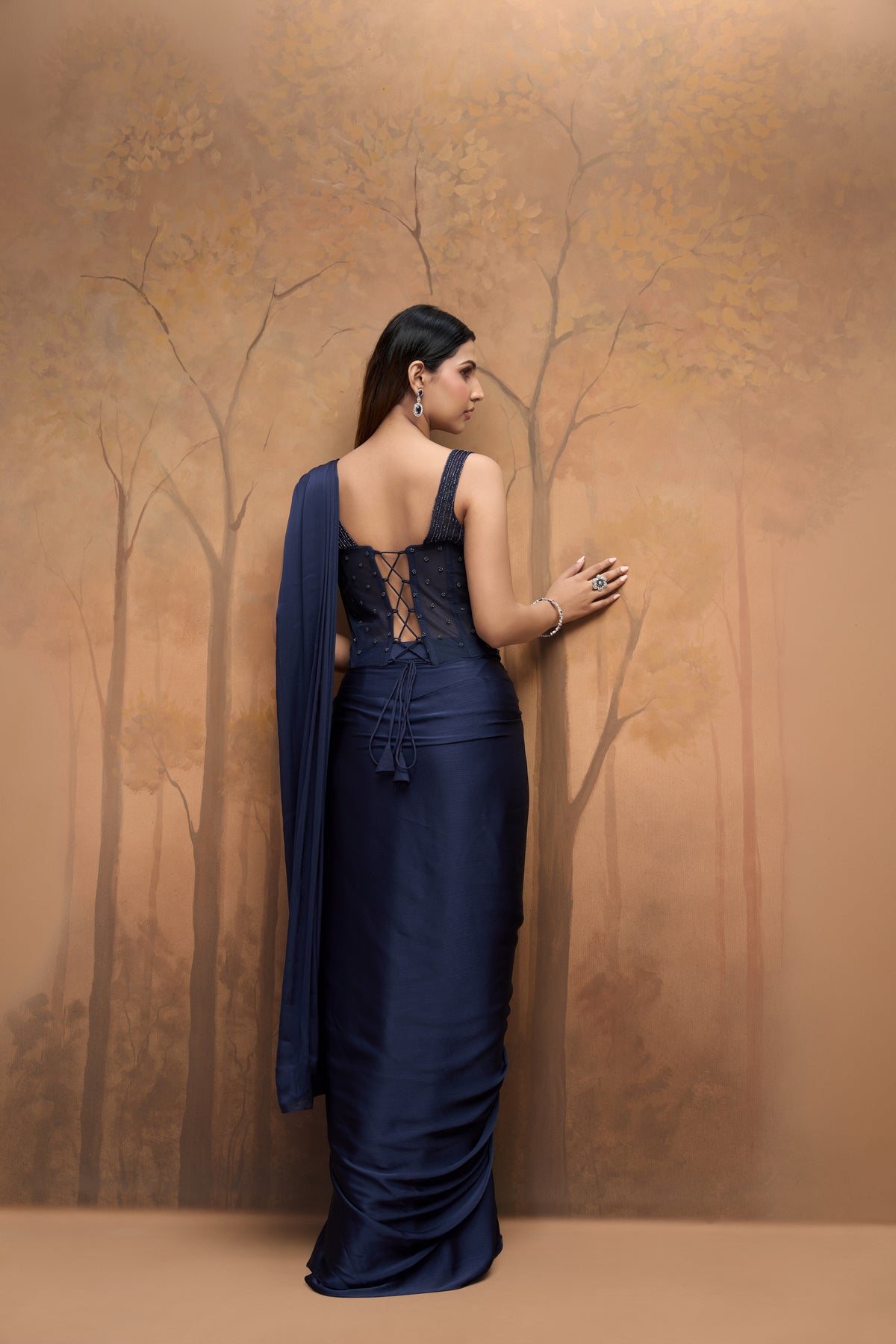 Navy blue corset saree with intricate embroidery for reception, party and festive occasions