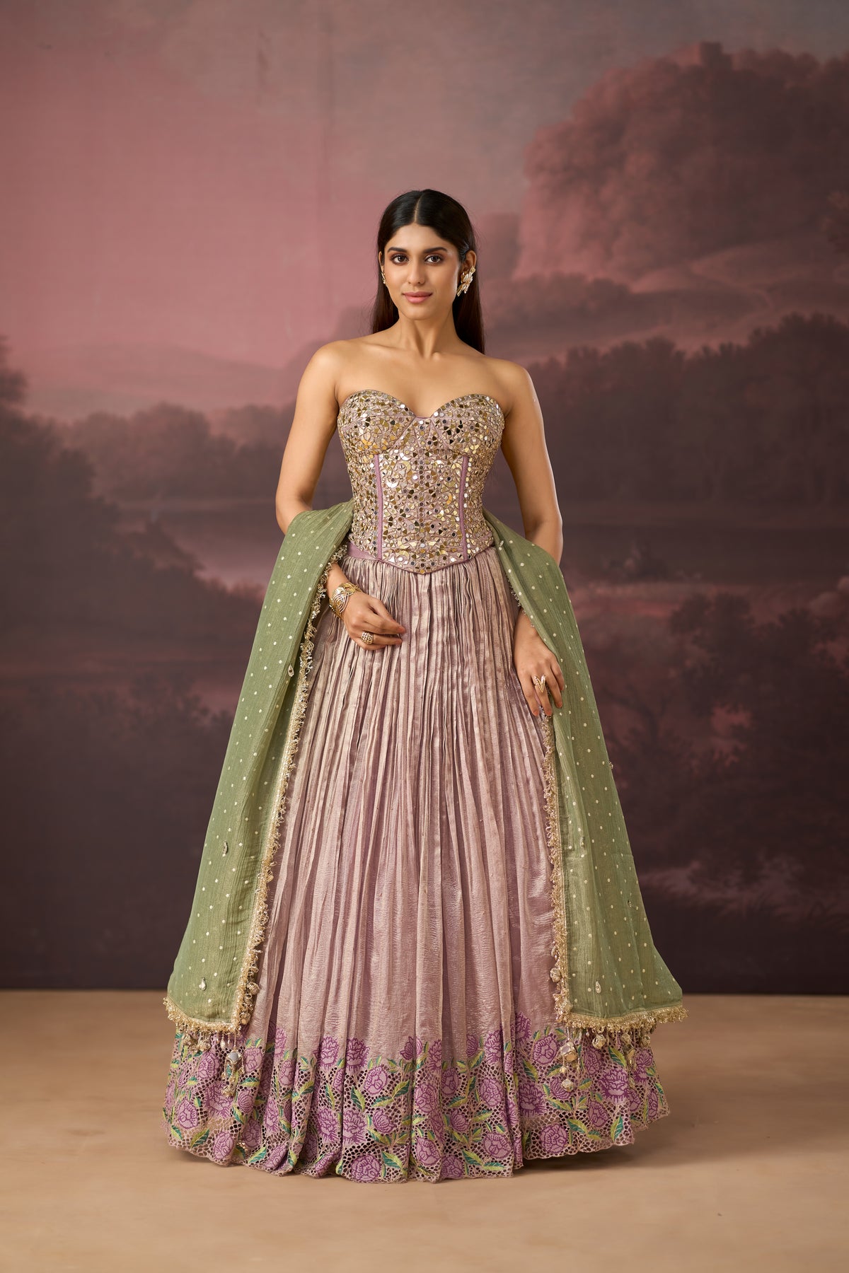 LILAC MIRROR EMBROIDERED TISSUE SILK CORSET LEHENGA SET | Nishly Fashion House