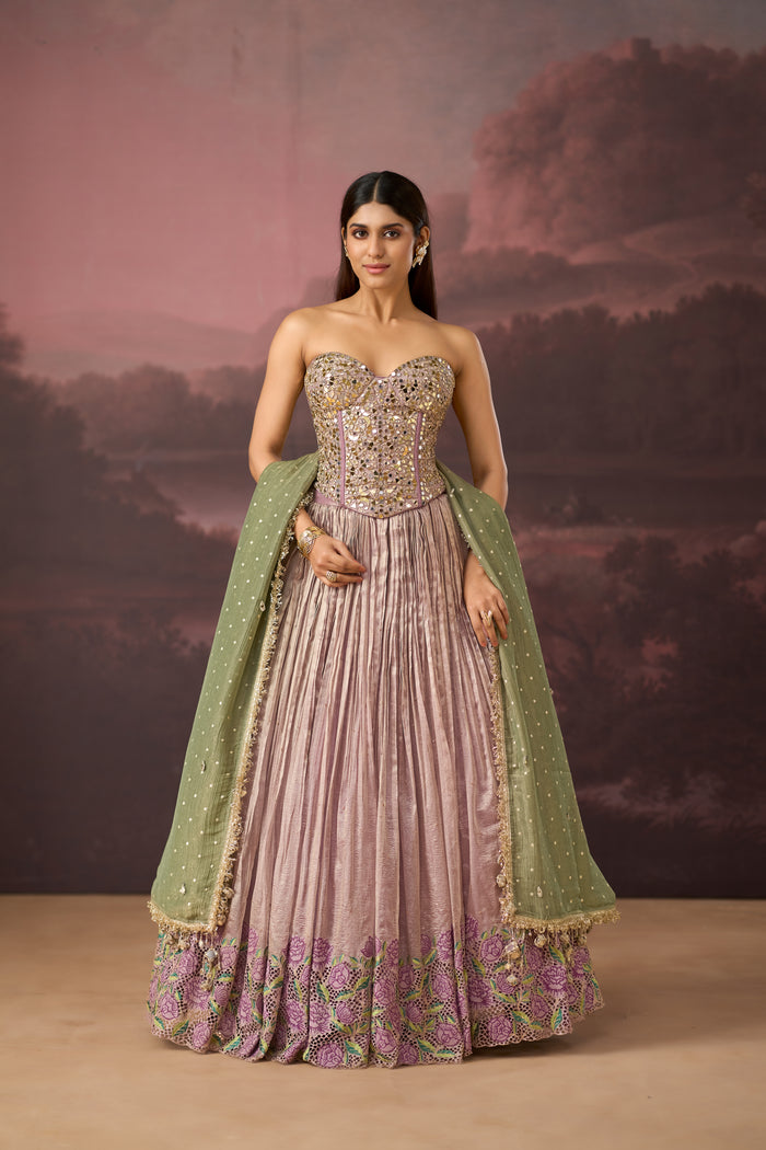 LILAC MIRROR EMBROIDERED TISSUE SILK CORSET LEHENGA SET | Nishly Fashion House